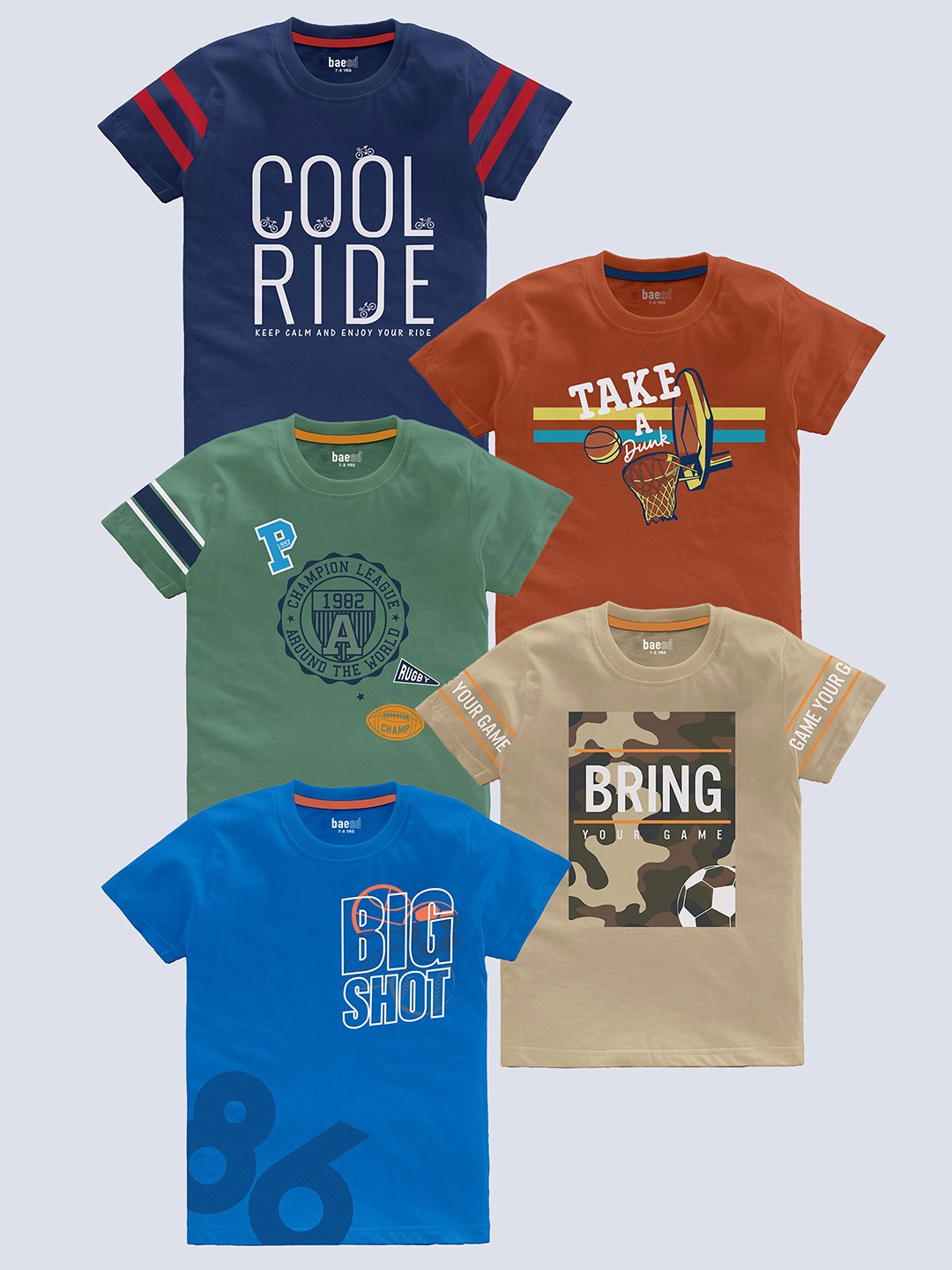 

BAESD Boys Pack Of 5 Typography Printed Pure Cotton T-shirt, Beige
