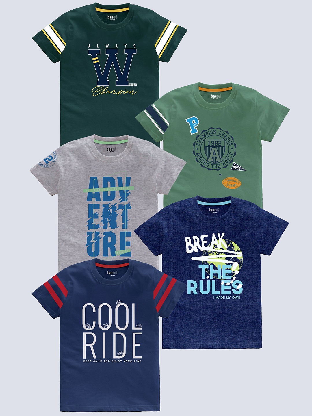 

BAESD Boys Pack Of 5 Typography Printed Pure Cotton T-shirt, Green