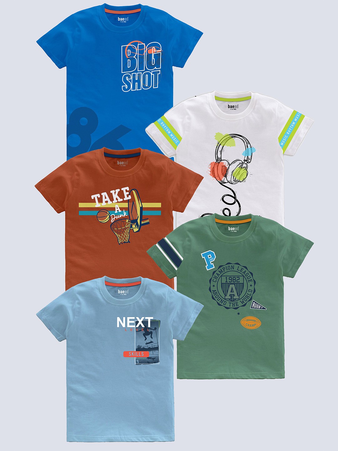

BAESD Boys Pack Of 5 Typography Printed Pure Cotton T-shirt, Blue