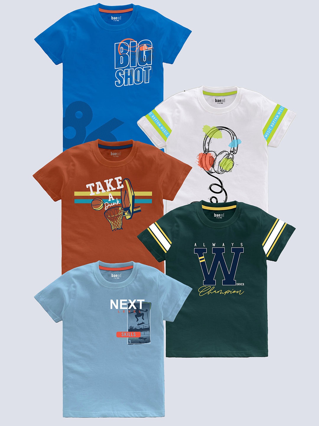 

BAESD Boys Pack Of 5 Typography Printed T-shirt, Multi