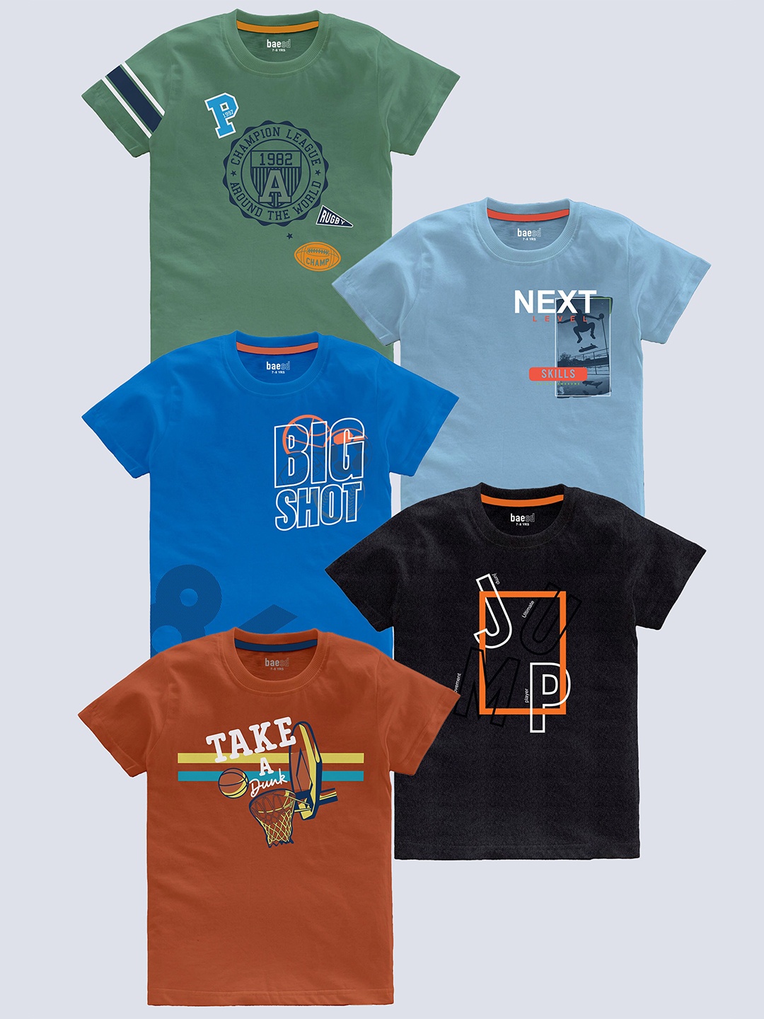 

BAESD Boys Pack Of 5 Printed Cotton T-shirt, Green