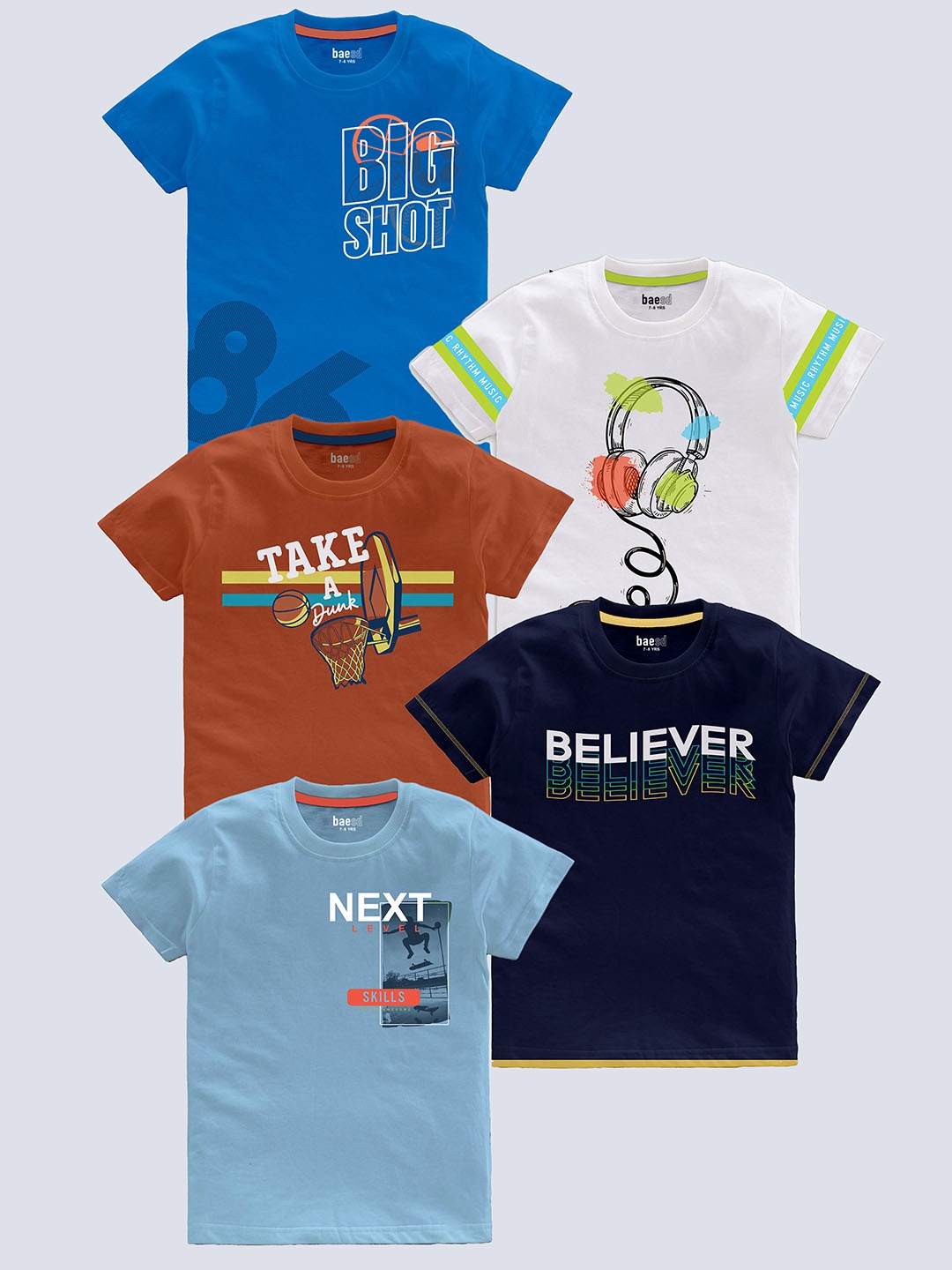 

BAESD Boys Pack Of 5 Typography Printed T-shirt, Blue