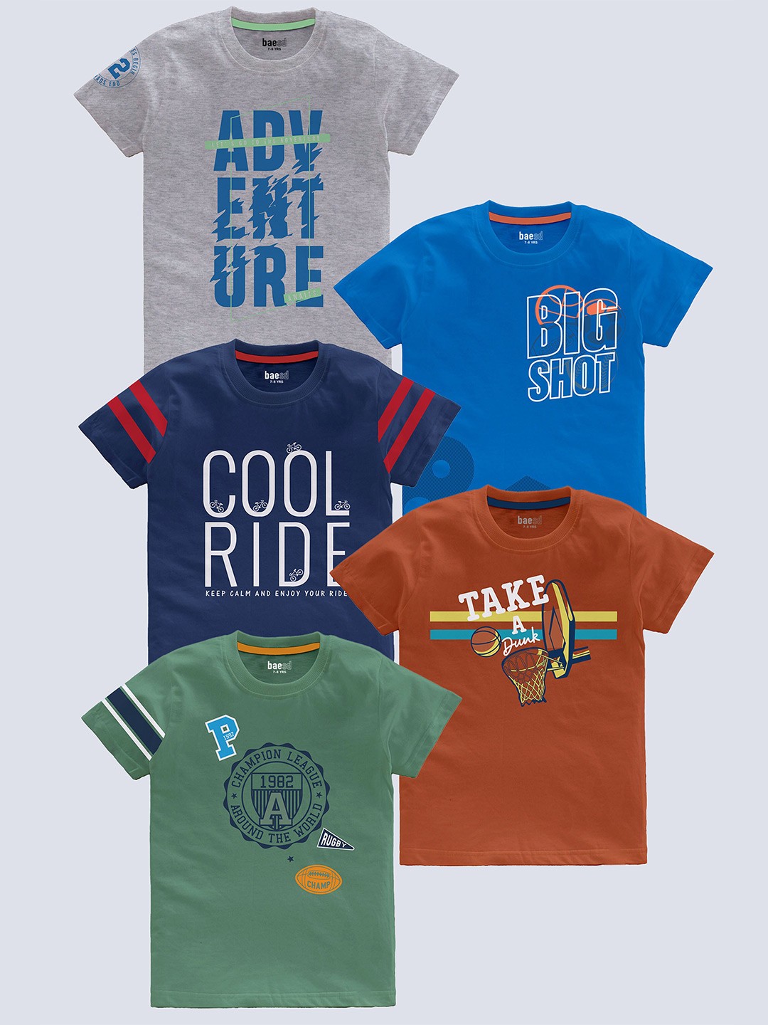 

BAESD Boys Pack Of 5 Typography Printed Pure Cotton T-shirt, Grey