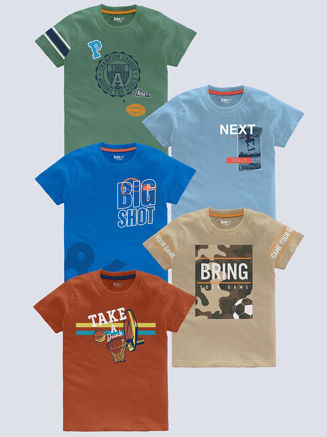 

BAESD Boys Pack Of 5 Typography Printed Pure Cotton T-shirt, Beige