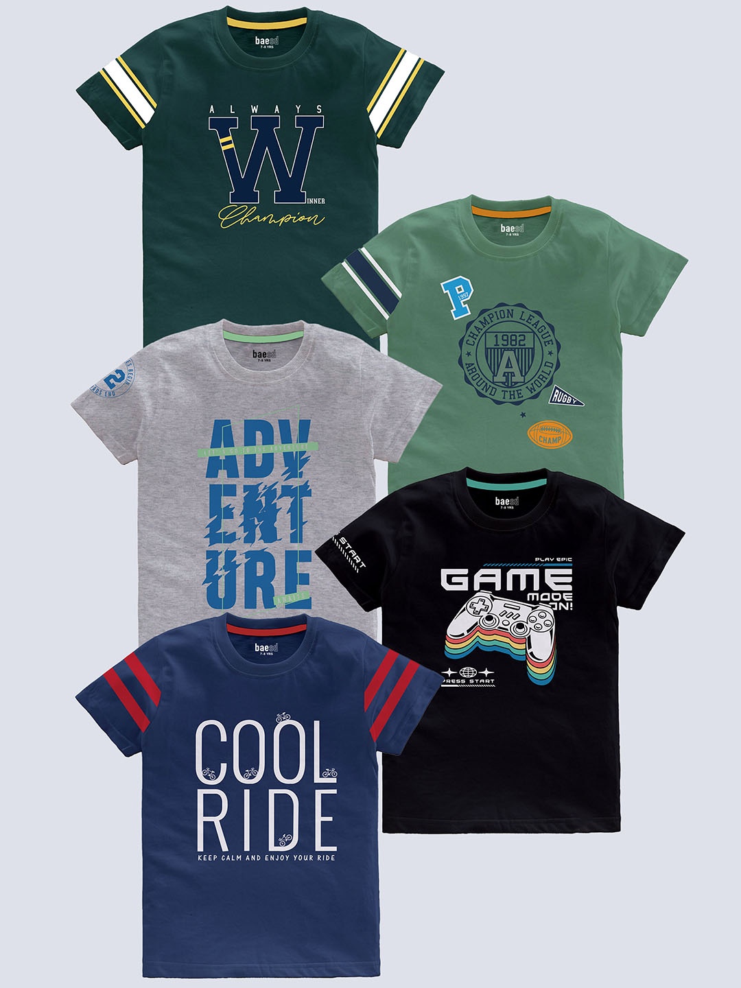 

BAESD Kids Pack Of 5 Typography Printed Cotton T-shirt, Navy blue