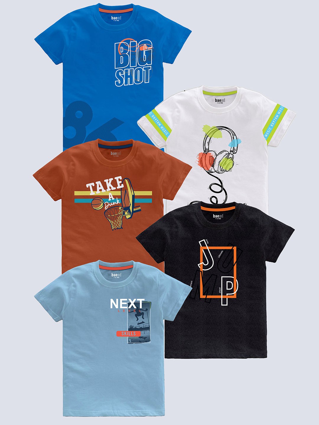 

BAESD Boys Pack Of 5 Typography Printed Pure Cotton T-shirt, Blue