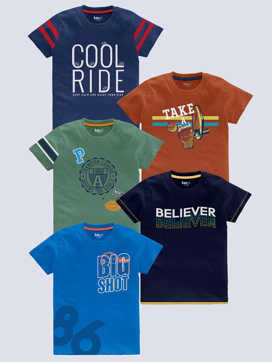 

BAESD Boys Pack Of 5 Typography Printed Pure Cotton T-shirt, Rust