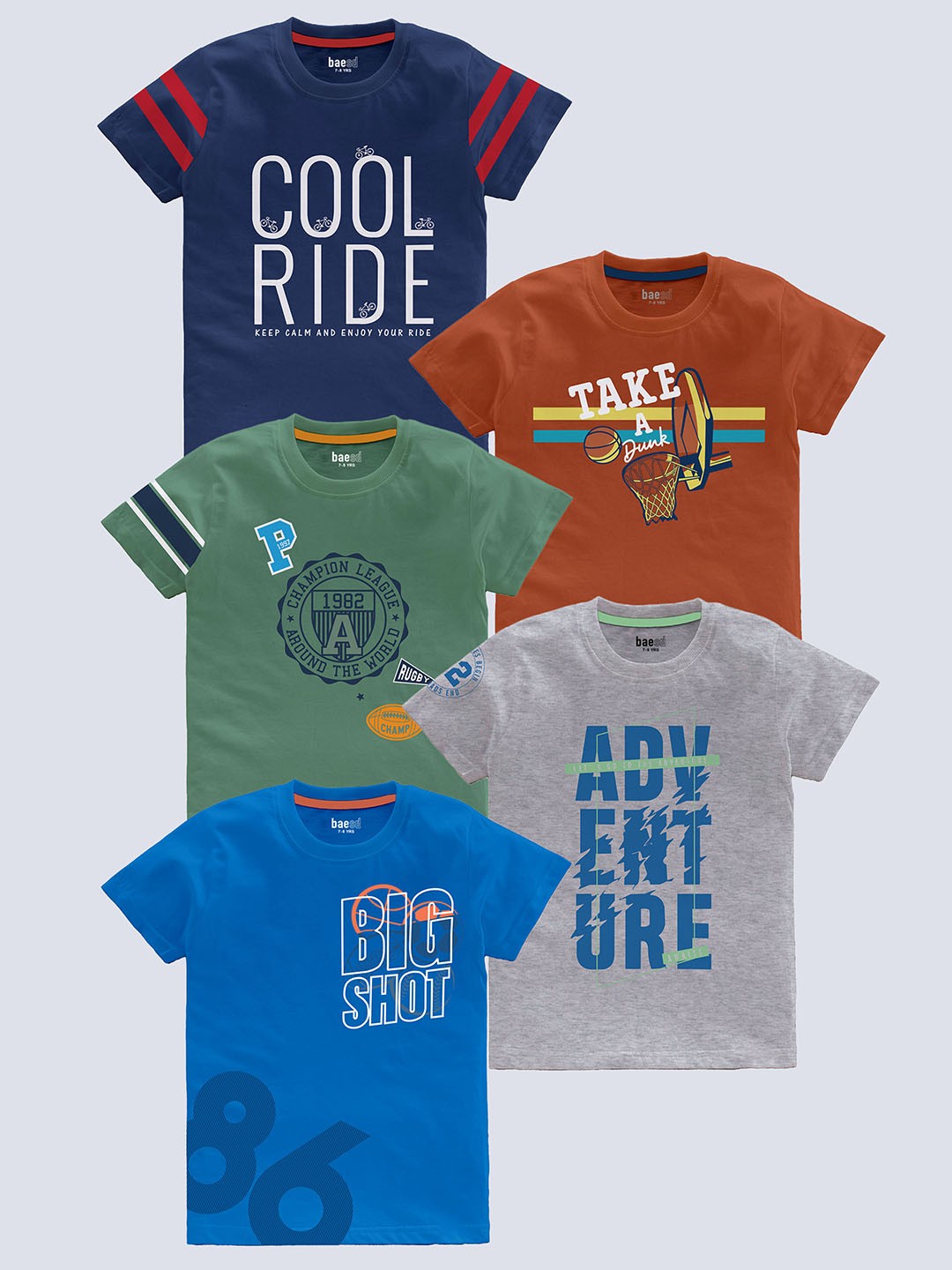 

BAESD Kids Pack Of 5 Typography Printed Cotton T-shirt, Blue