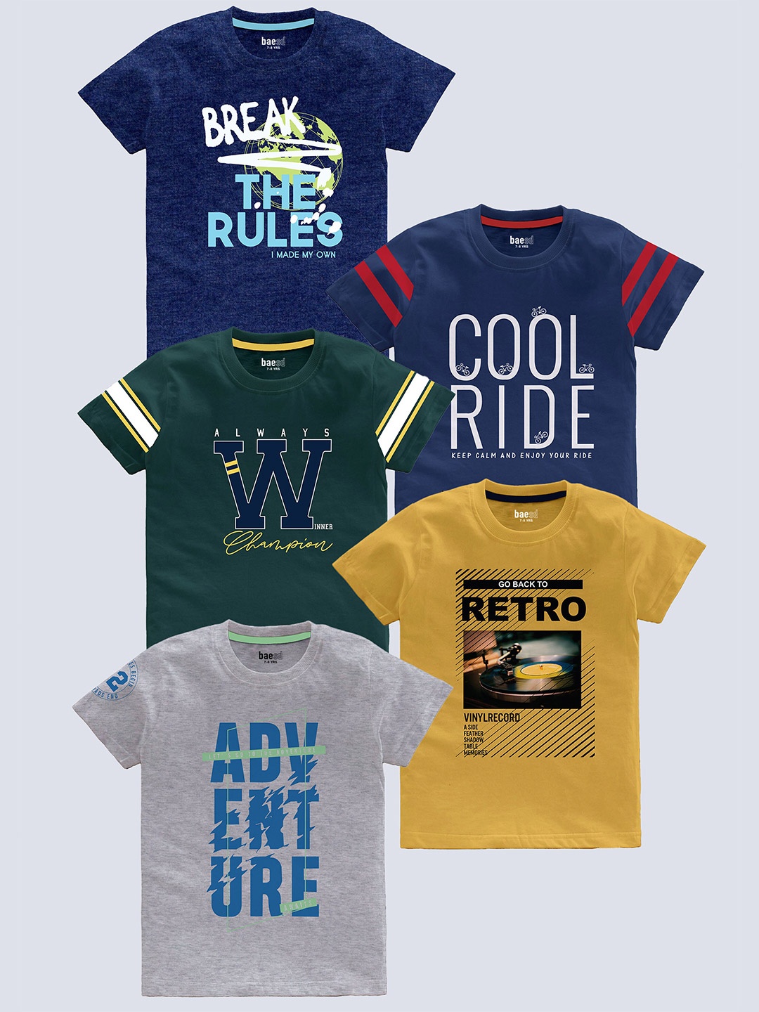 

BAESD Boys Pack Of 5 Typography Printed Round Neck Short Sleeves Pure Cotton T-shirt, Navy blue