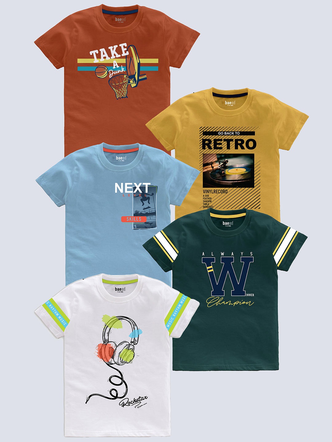 

BAESD Boys Pack Of 5 Typography Printed T-shirt, Multi