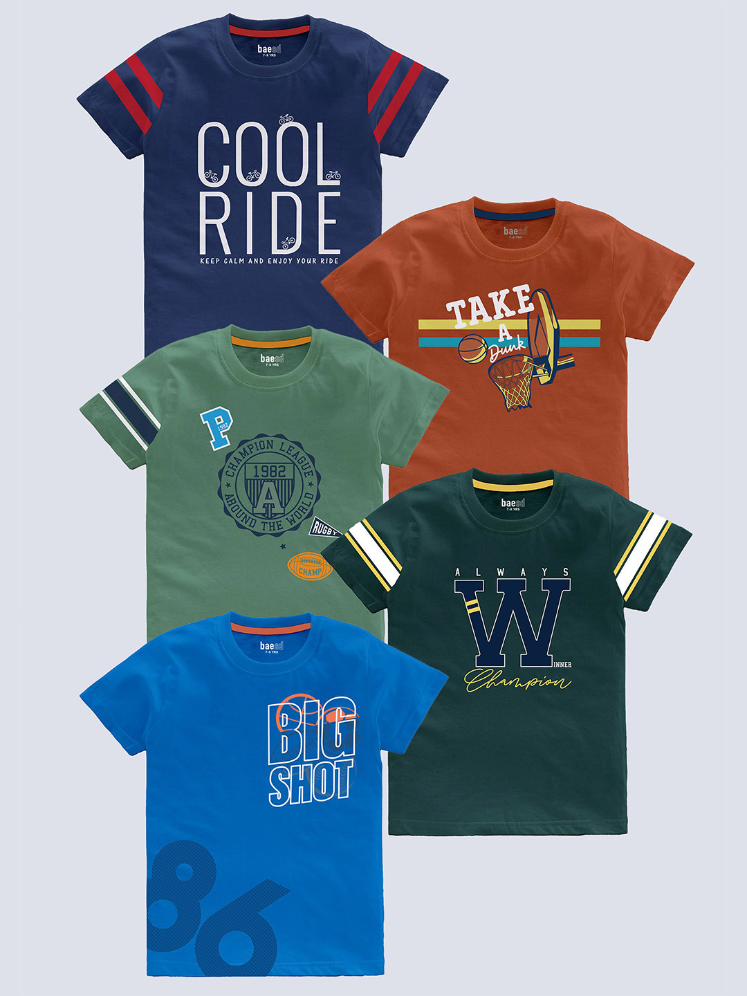 

BAESD Boys Pack Of 5 Typography Printed Round Neck Short Sleeves Pure Cotton T-shirt, Navy blue