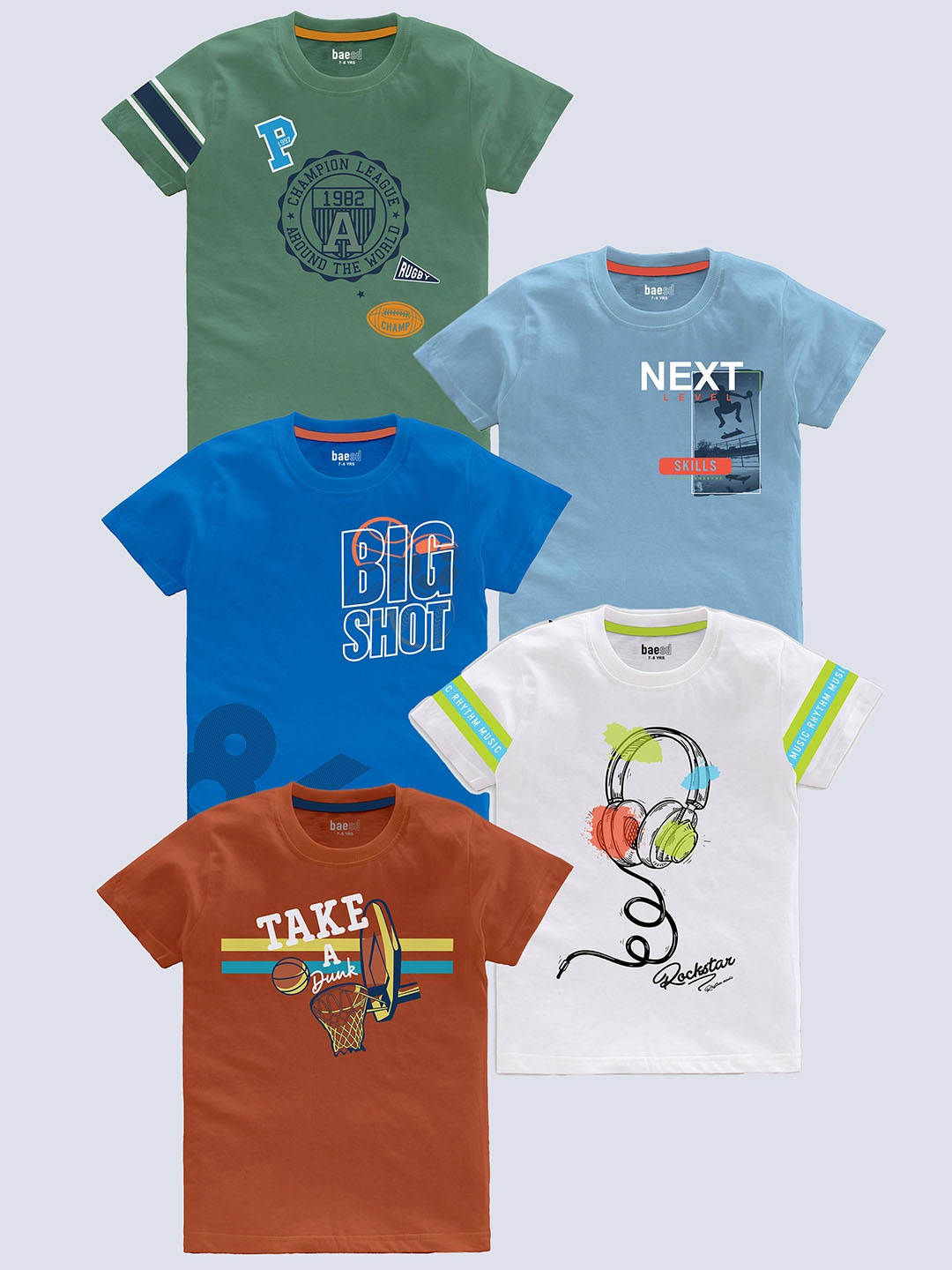 

BAESD Boys Pack Of 5 Printed Pure Cotton T-shirts, Green