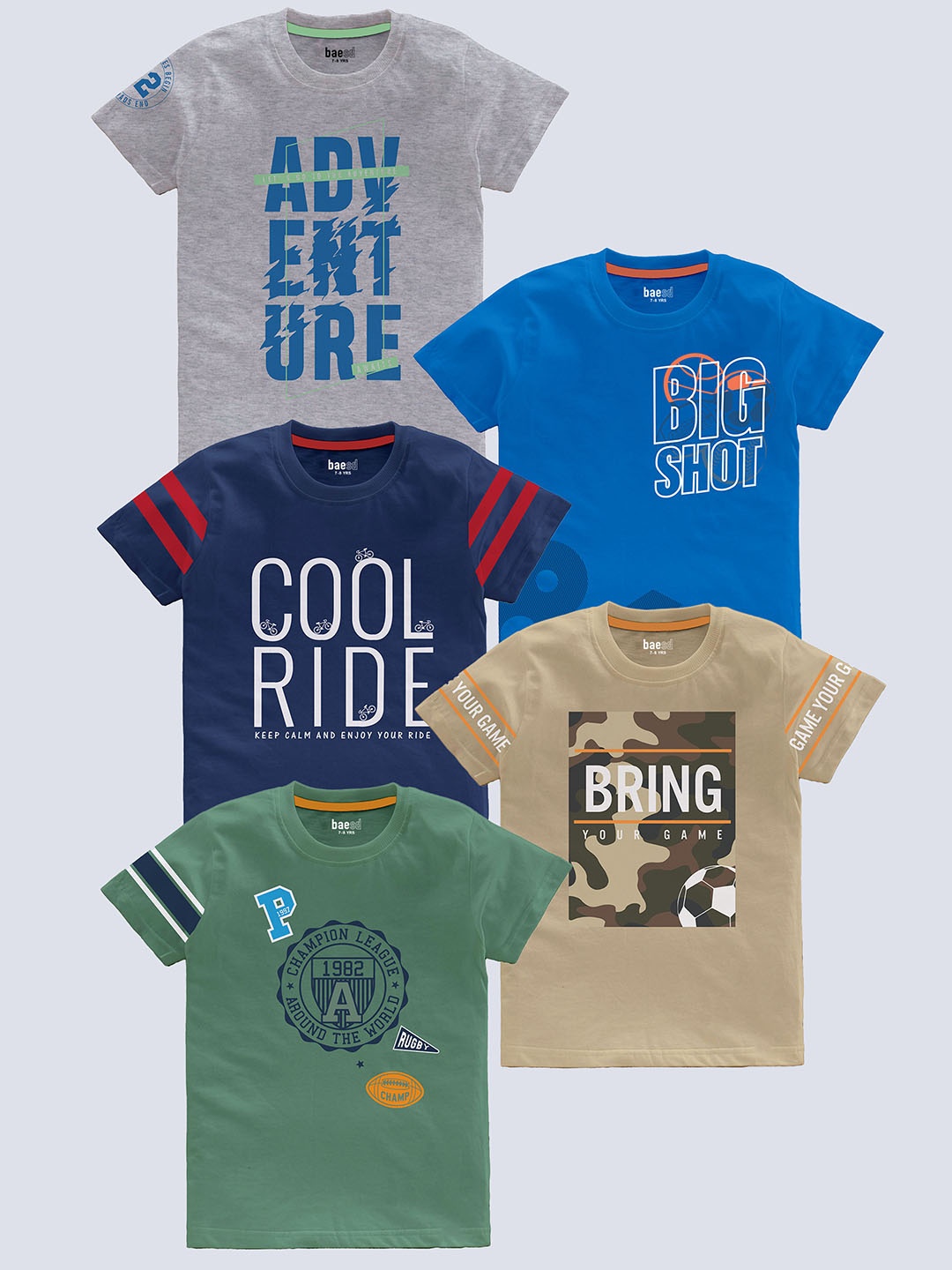 

BAESD Boys Pack Of 5 Typography Printed Pure Cotton T-shirt, Grey