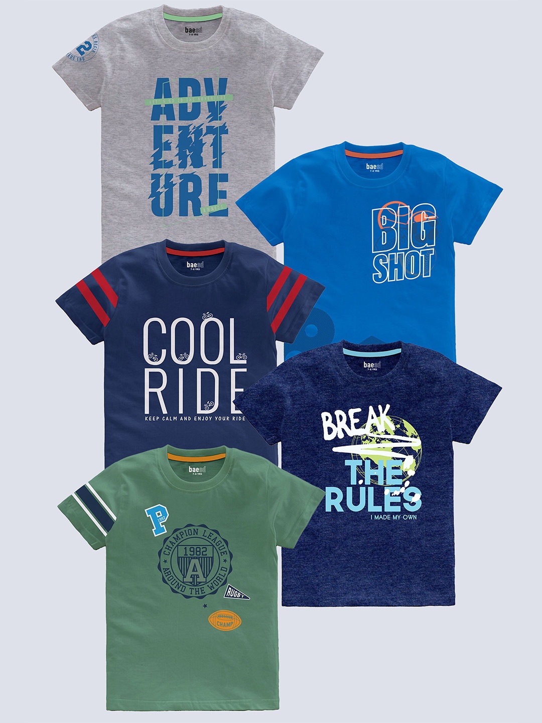 

BAESD Boys Pack Of 5 Typography Printed Pure Cotton T-shirt, Blue