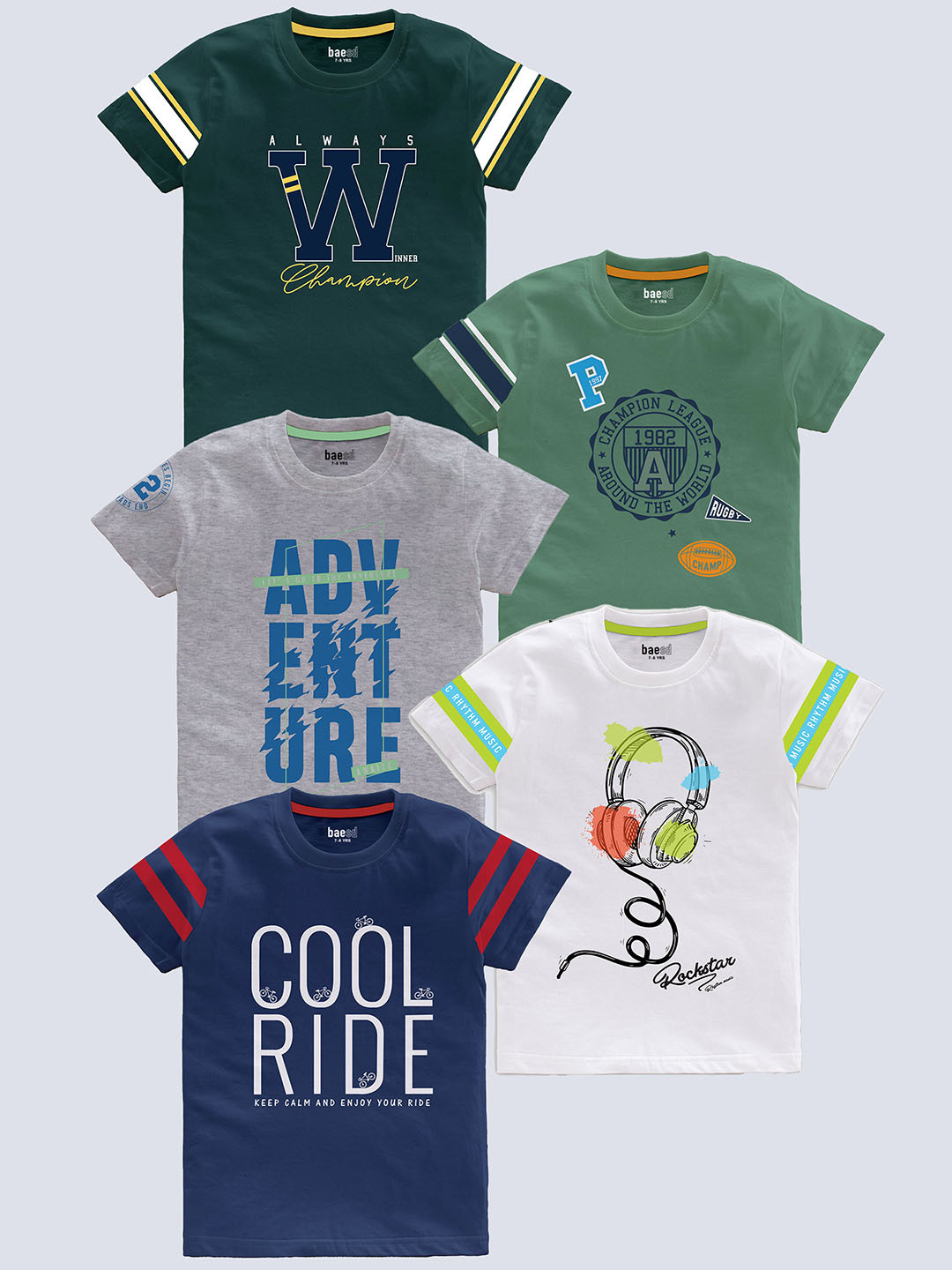 

BAESD Boys Pack Of 5 Typography Printed Pure Cotton T-shirt, Green