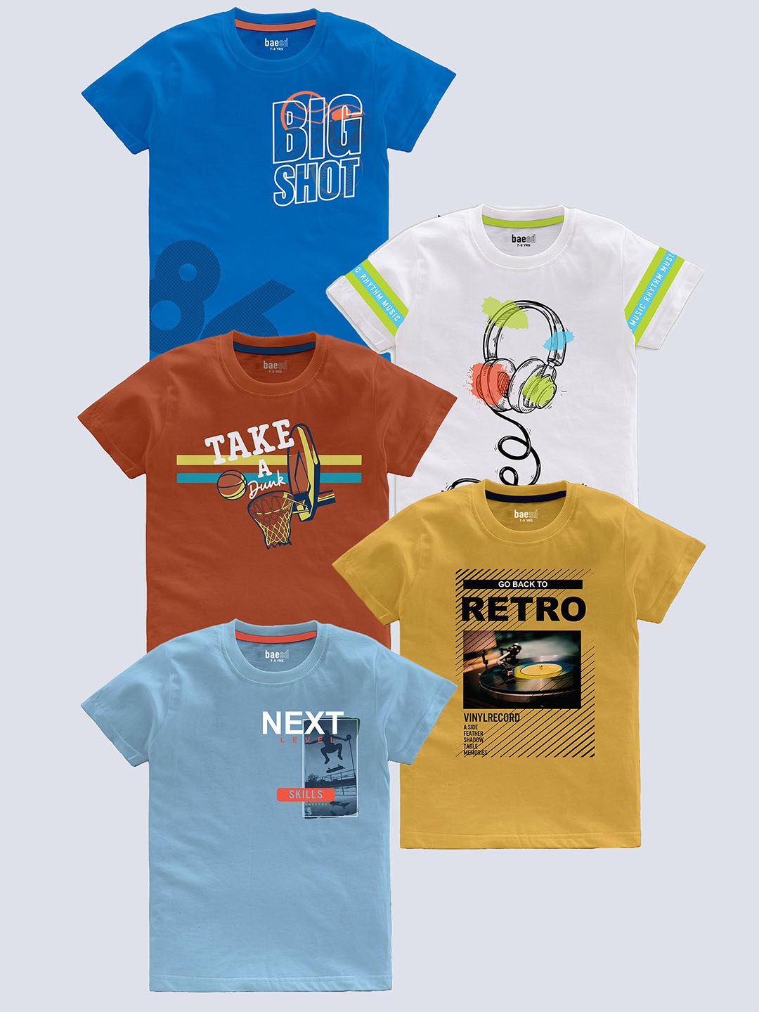 

BAESD Boys Pack Of 5 Printed Round Neck Short Sleeves Pure Cotton T-shirt, Blue