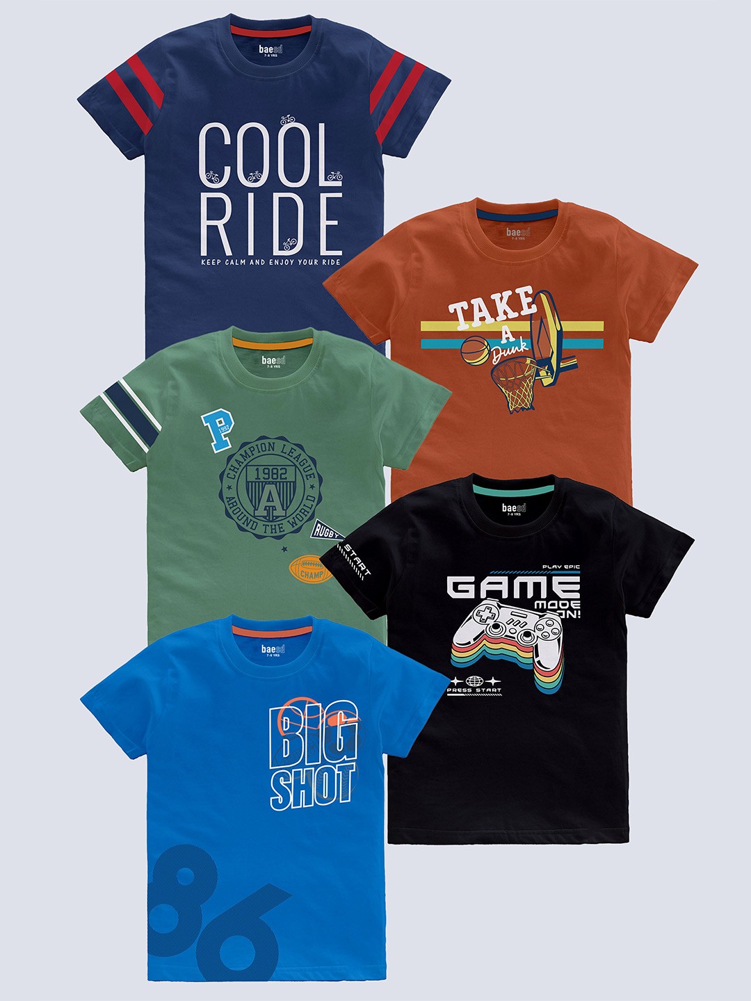 

BAESD Boys Pack Of 5 Typography Printed Round Neck Short Sleeves Pure Cotton T-shirt, Blue