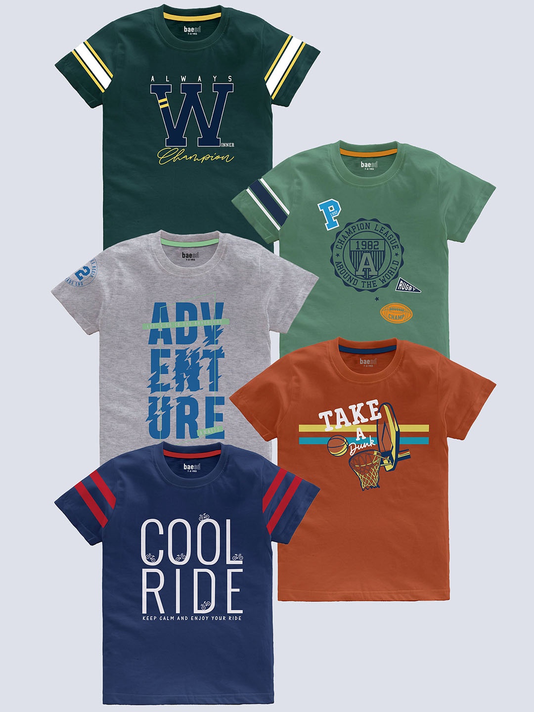 

BAESD Boys Pack Of 5 Typography Printed Pure Cotton T-shirt, Green