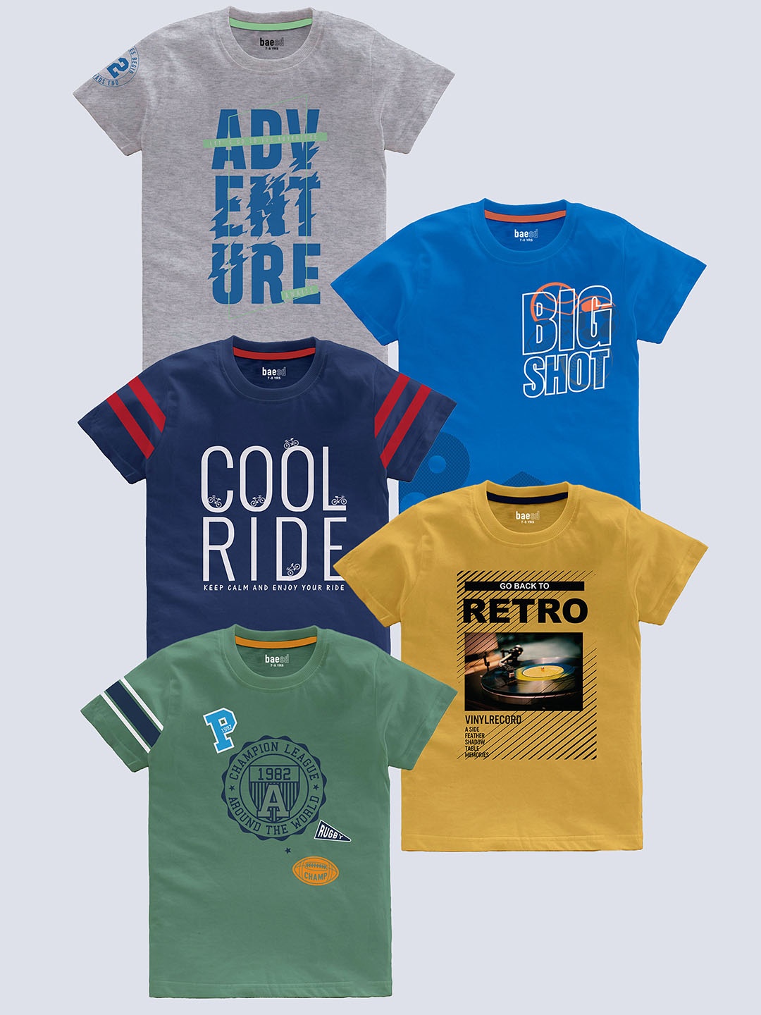 

BAESD Boys Pack Of 5 Typography Printed Pure Cotton T-shirt, Grey