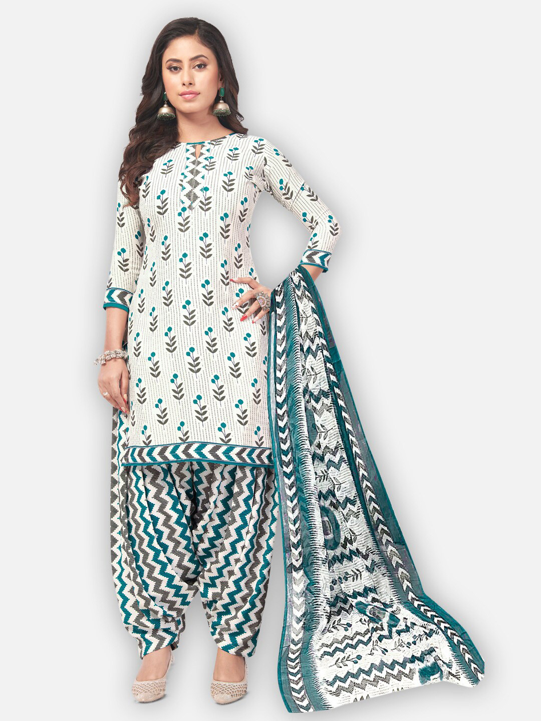 

SALWAR STUDIO Floral Printed Silk Crepe Unstitched Dress Material, White