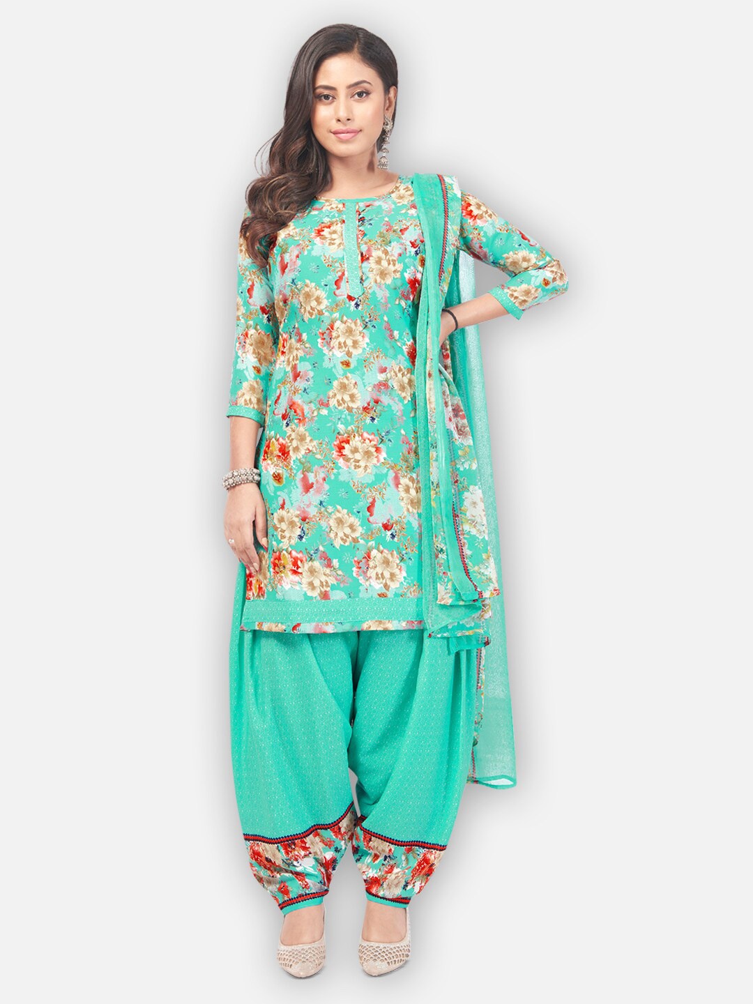 

SALWAR STUDIO Printed Silk Crepe Unstitched Dress Material, Green