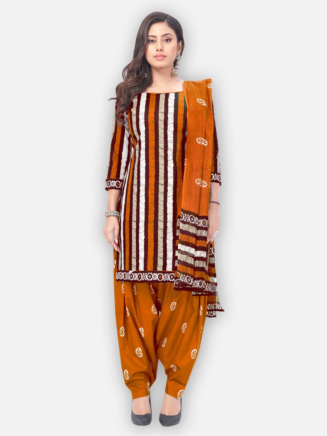

SALWAR STUDIO Striped Silk Crepe Unstitched Dress Material, Orange