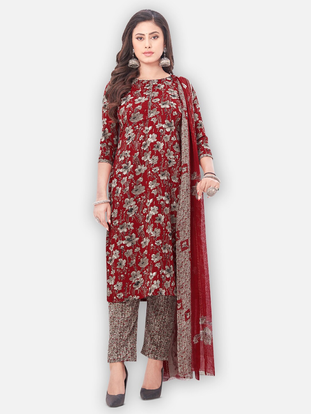 

SALWAR STUDIO Printed Silk Crepe Unstitched Dress Material, Maroon