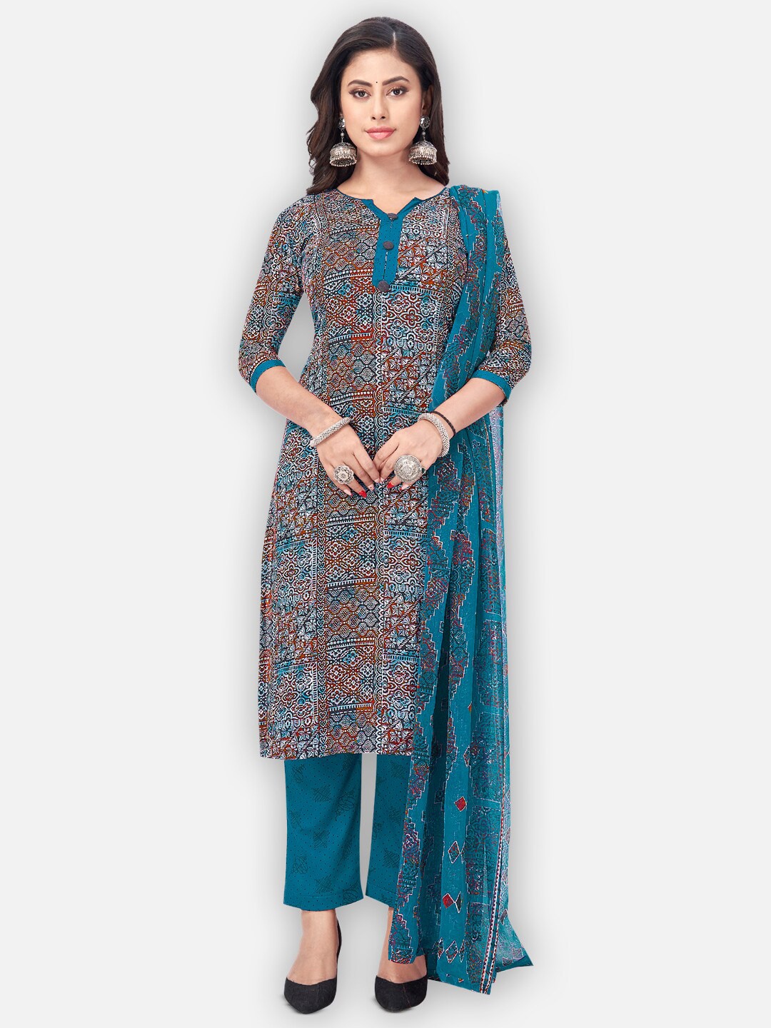 

SALWAR STUDIO Ethnic Motifs Printed Silk Crepe Unstitched Dress Material, Blue