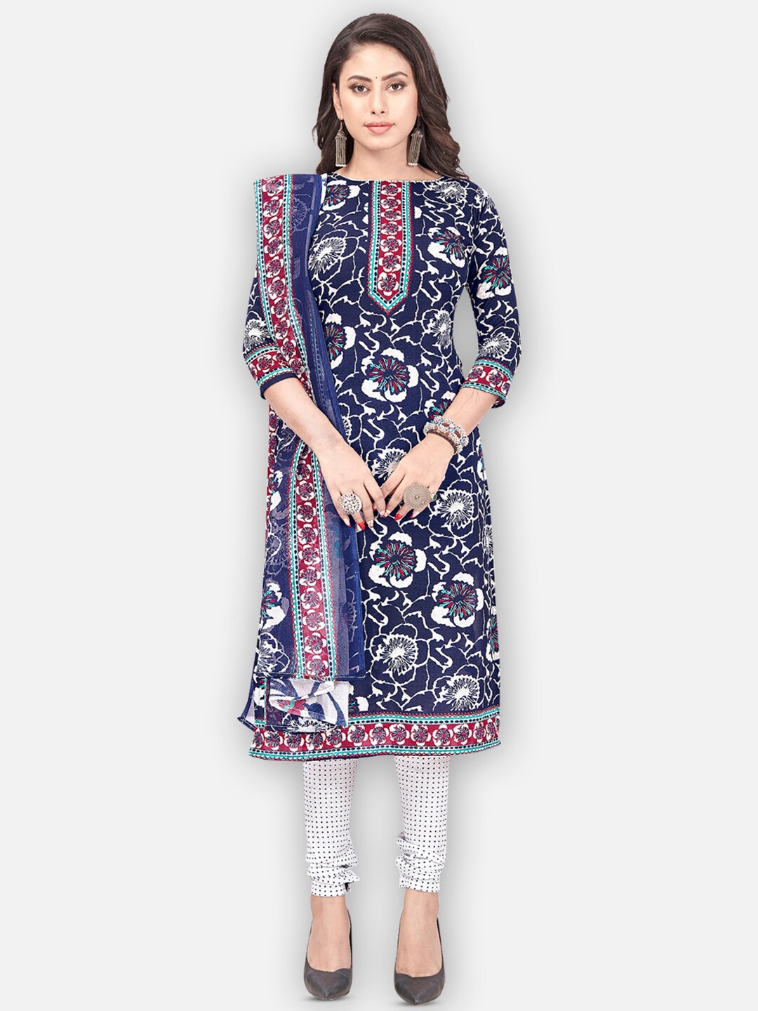 

SALWAR STUDIO Printed Silk Crepe Unstitched Dress Material, Blue