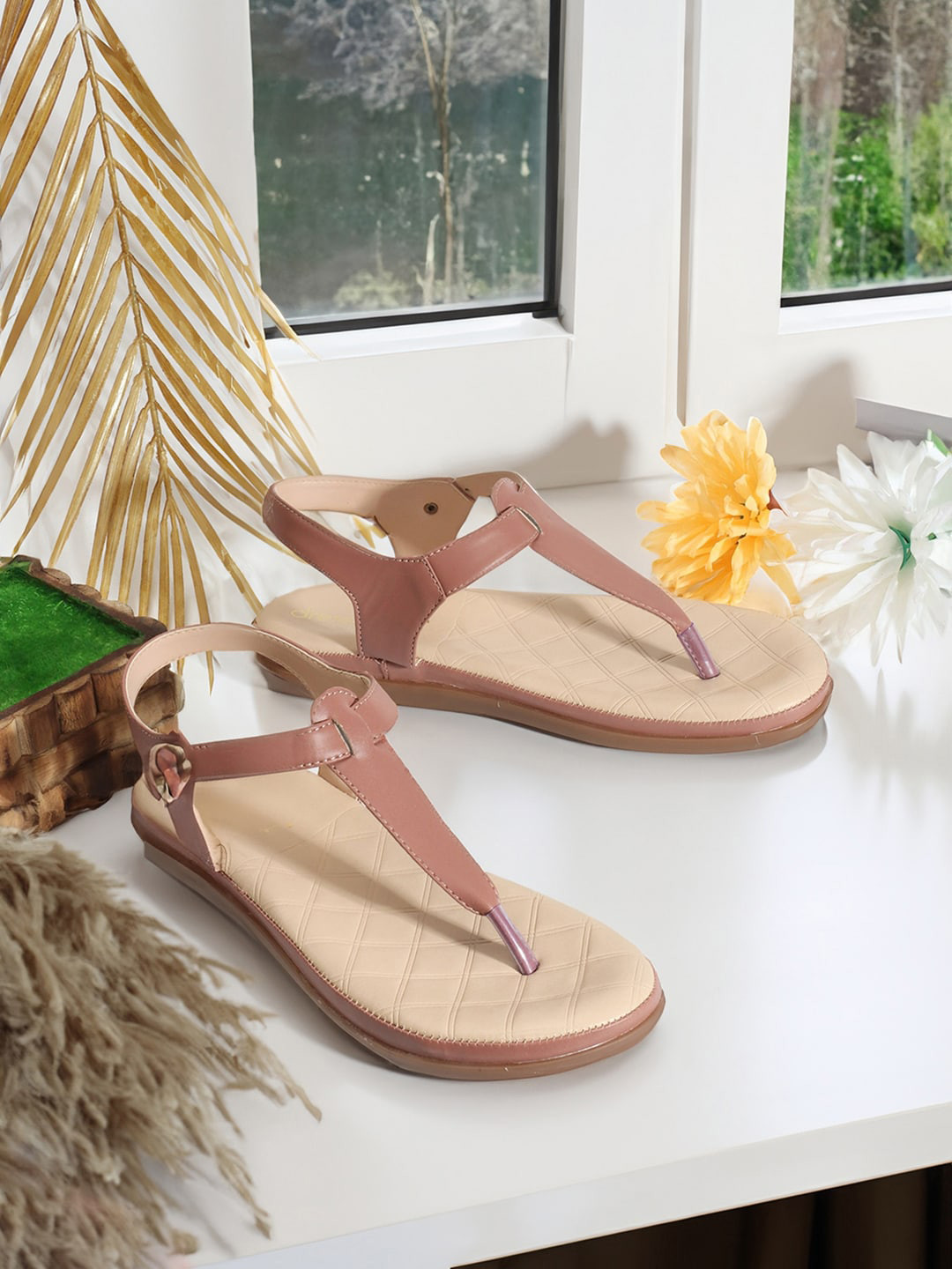 

DressBerry Pink Open Toe T-Strap Flats