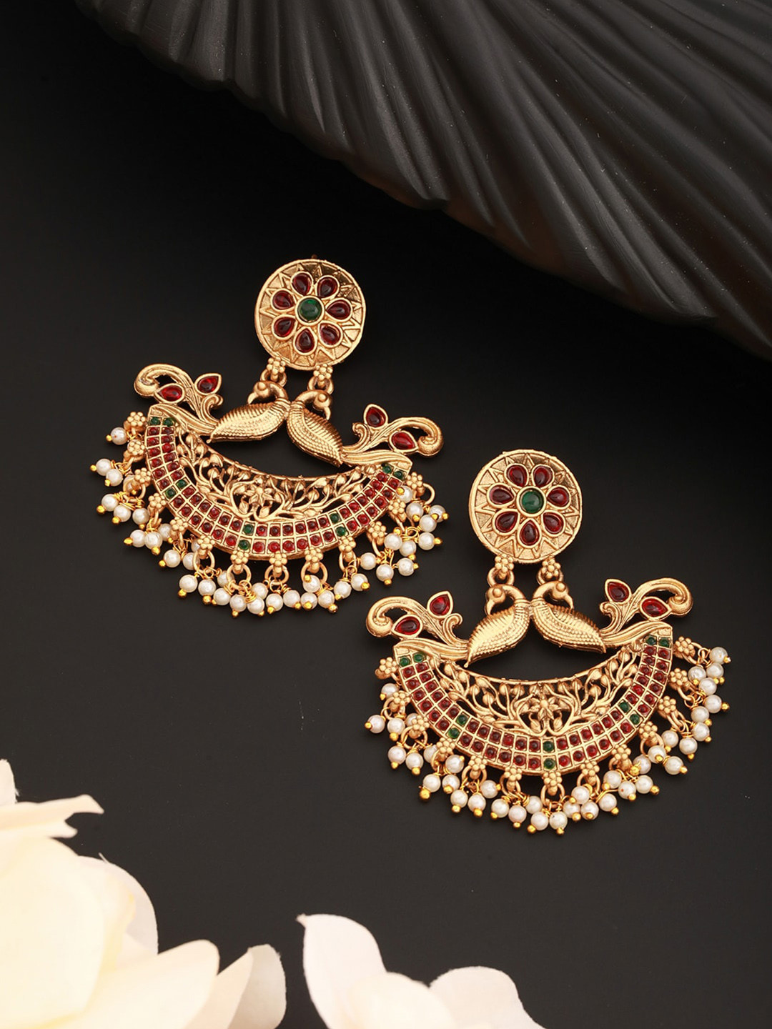 

Saraf RS Jewellery Gold-Plated American Diamond Studded Jhumkas