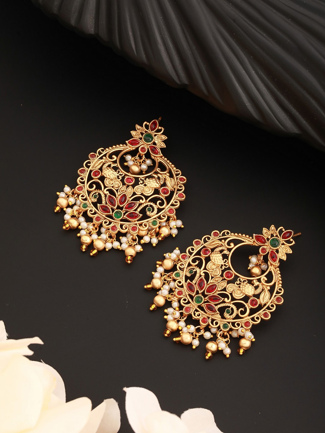 

Saraf RS Jewellery Gold-Plated American Diamond Studded Chandbalis