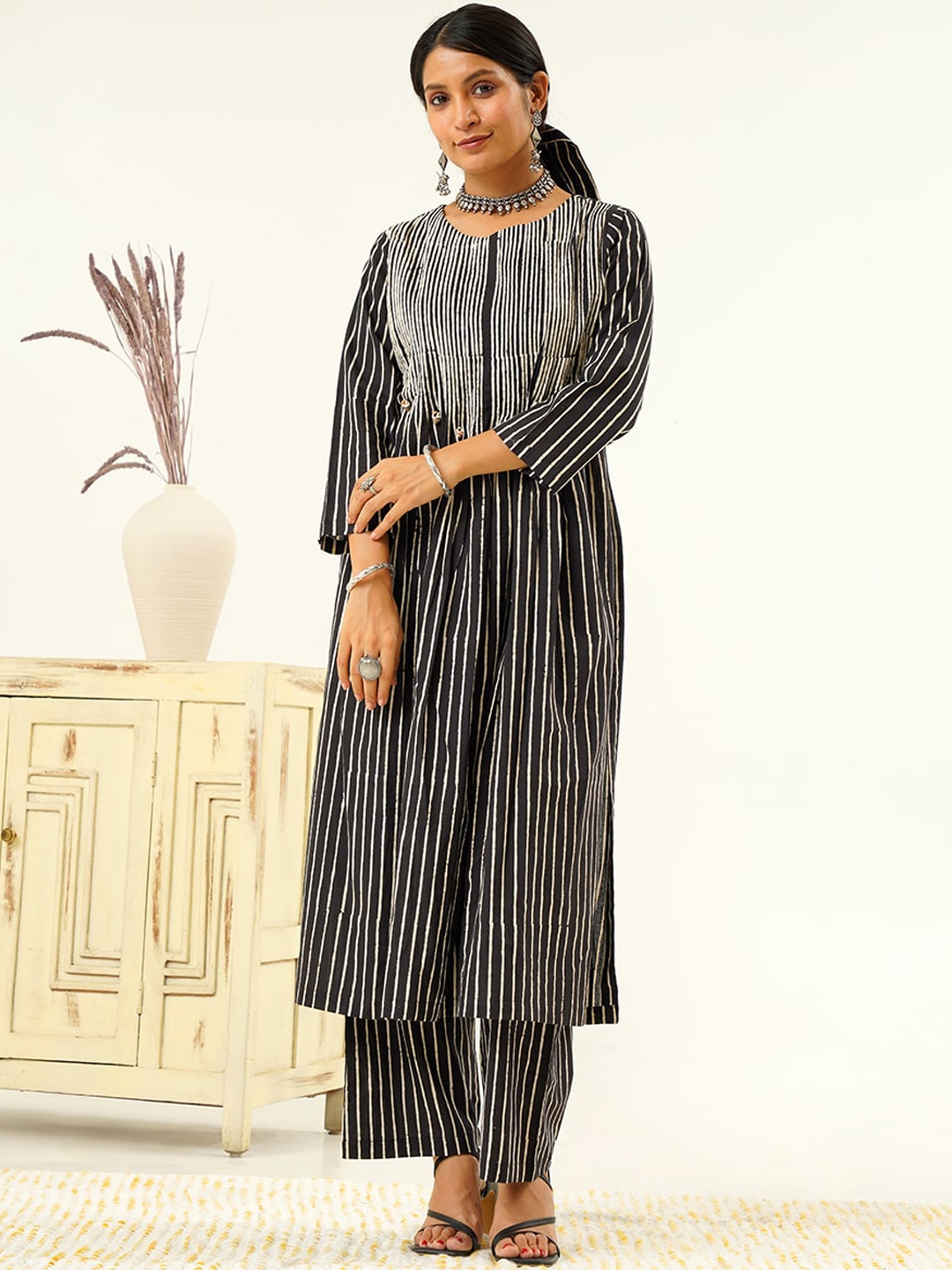 

indy Raaga Striped Regular Pure Cotton Kurta with Palazzos, Black