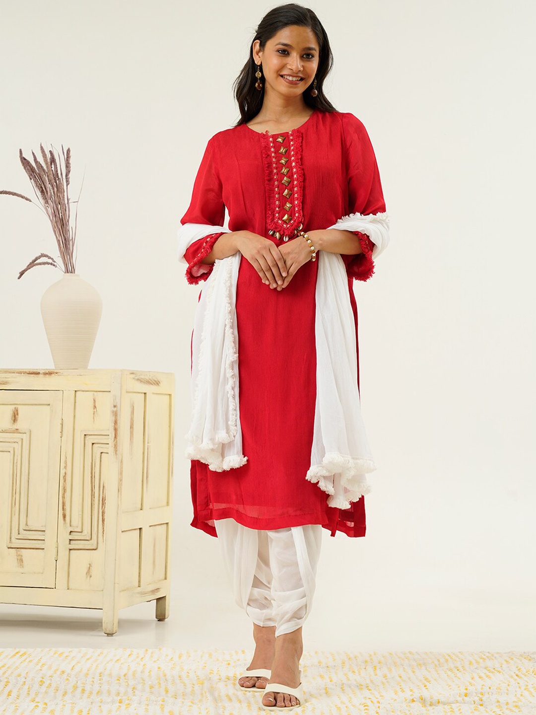 

indy Raaga Yoke Design Beads and Stones Kurta with Trousers & With Dupatta, Red