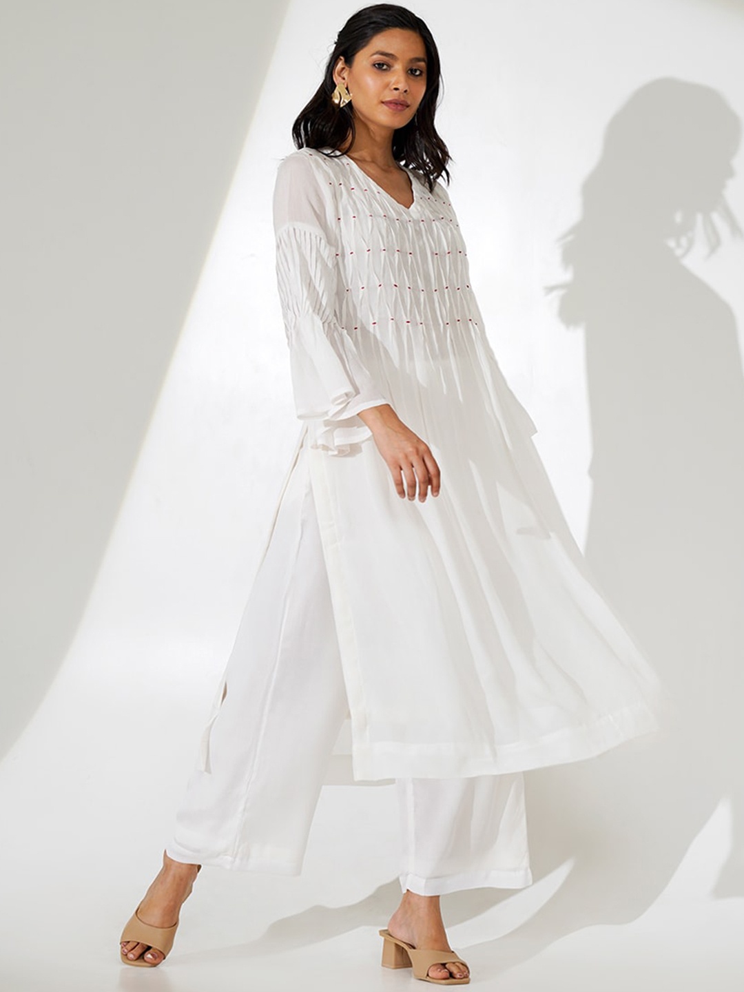

indy Raaga Smocking Embroidered Kurta with Trousers, White