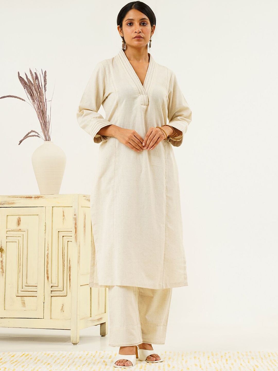 

indy Raaga Regular Thread Work Pure Cotton Kurta with Trousers, Beige