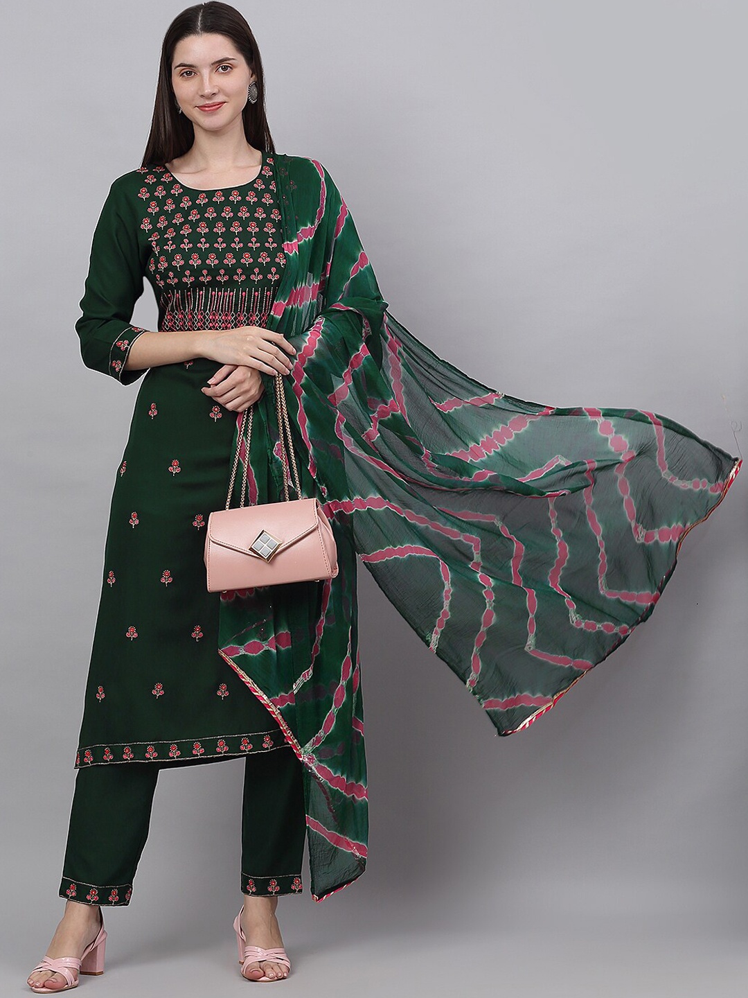 

KALINI Floral Embroidered Regular Sequinned Kurta with Trousers & Dupatta, Green