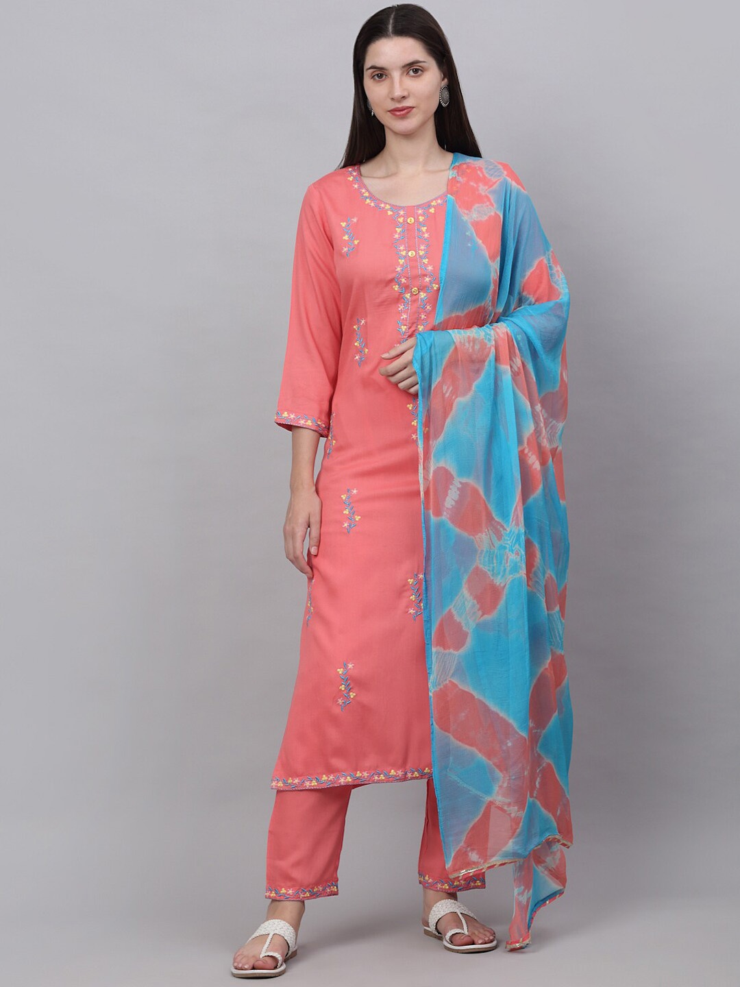 

KALINI Floral Embroidered Regular Kurta with Trousers & Dupatta, Peach