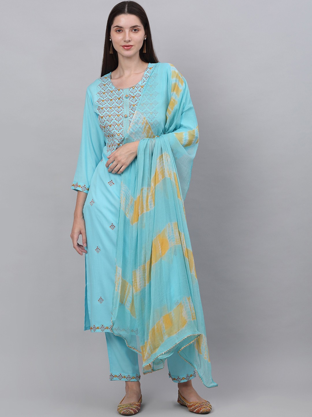

KALINI Ethnic Motifs Embroidered Regular Sequinned Kurta with Palazzos & Dupatta, Turquoise blue