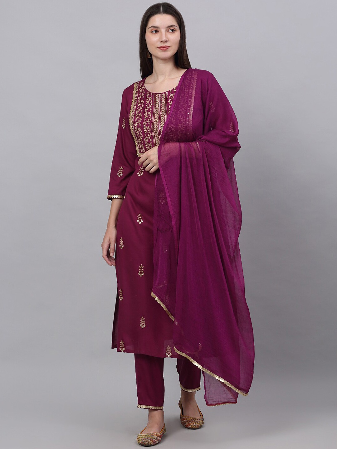 

KALINI Ethnic Motifs Yoke Design Regular Sequinned Kurta with Palazzos & Dupatta, Purple