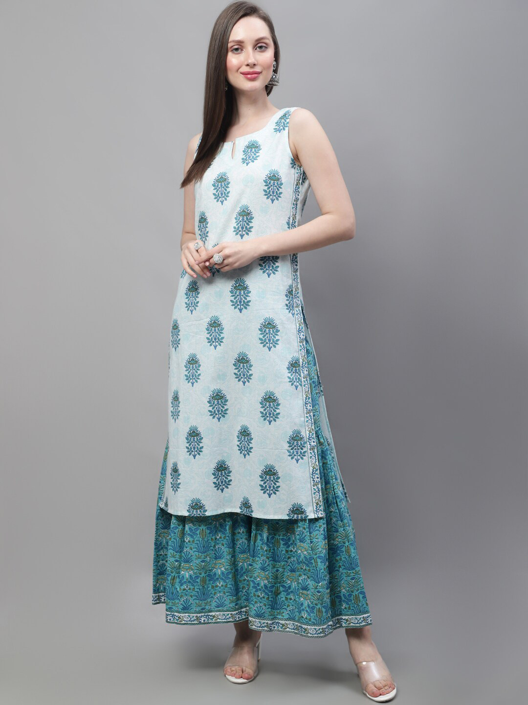 

KALINI Ethnic Motifs Printed Regular Pure Cotton Kurta with Sharara, Turquoise blue
