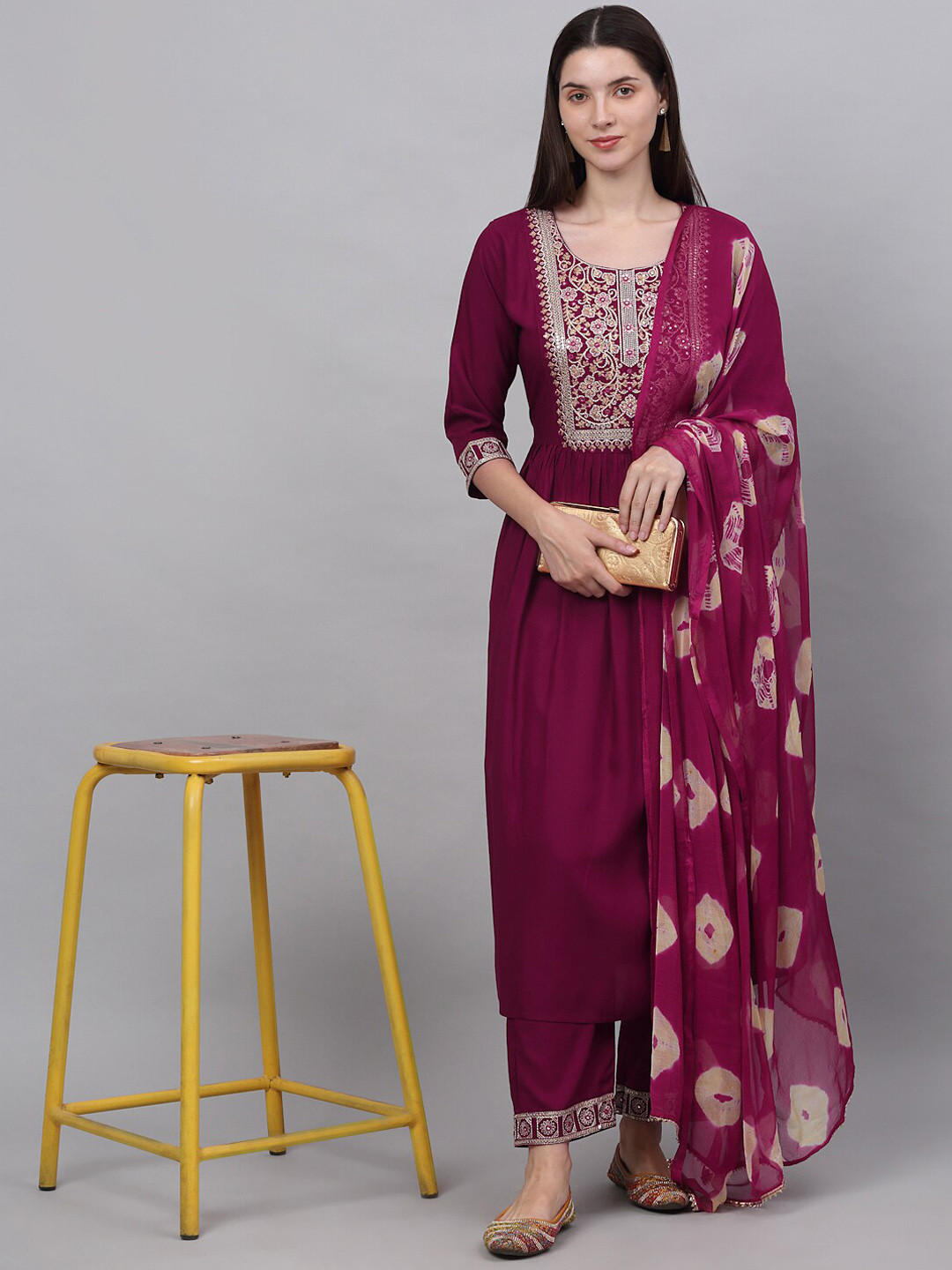 

KALINI Ethnic Motifs Yoke Design Empire Sequinned Kurta with Palazzos & Dupatta, Burgundy