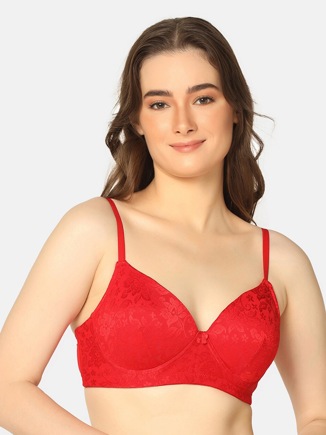 

Curvy Love Plus Size Lace Full Coverage Lightly Padded T-shirt Bra With All Day Comfort, Red
