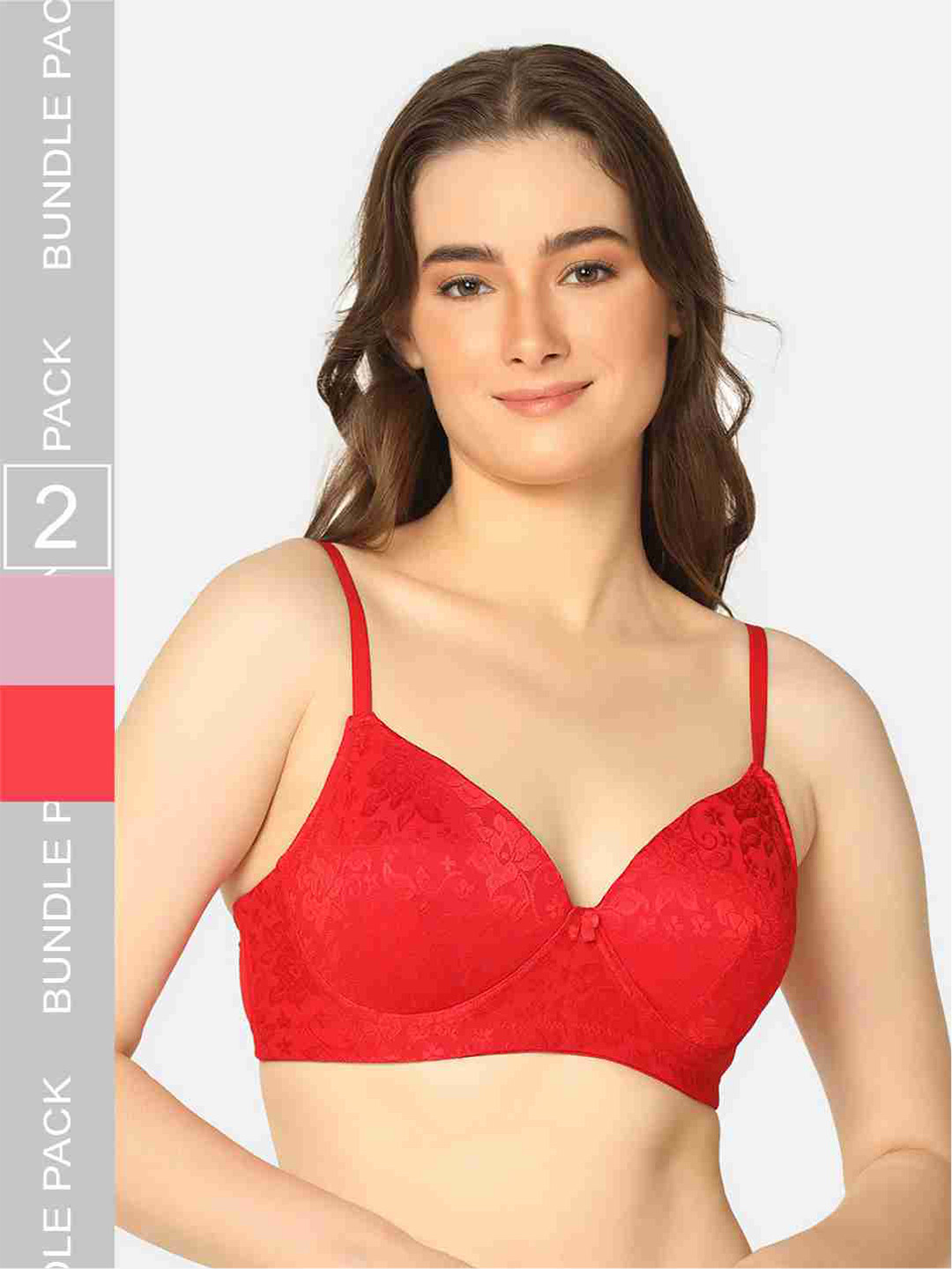 

Curvy Love Pack Of 2 Floral Self Design Full Coverage T-shirt Bra With All Day Comfort, Red