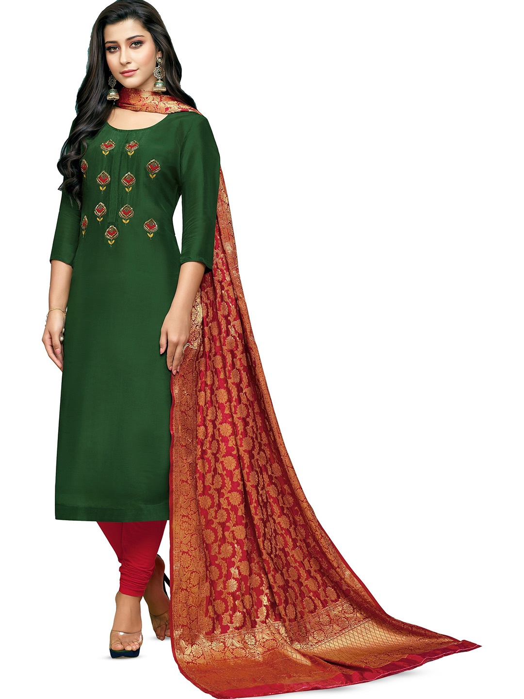 

mf Ethnic Motifs Embroidered Unstitched Dress Material, Green