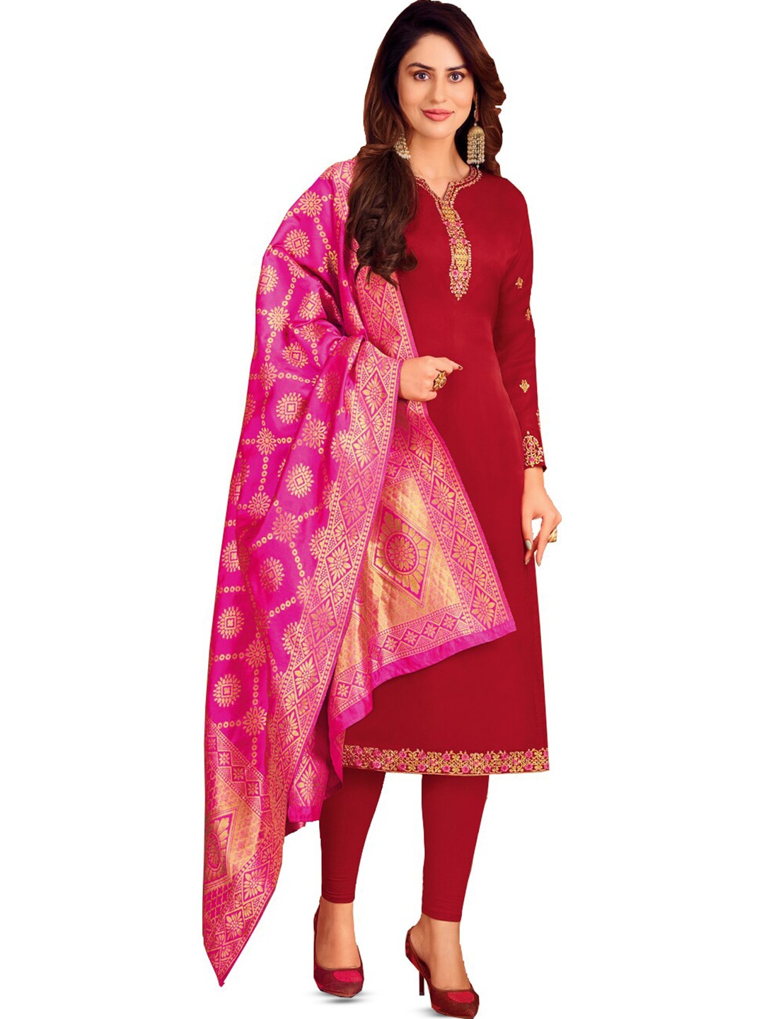

mf Ethnic Motifs Embroidered Unstitched Dress Material, Maroon