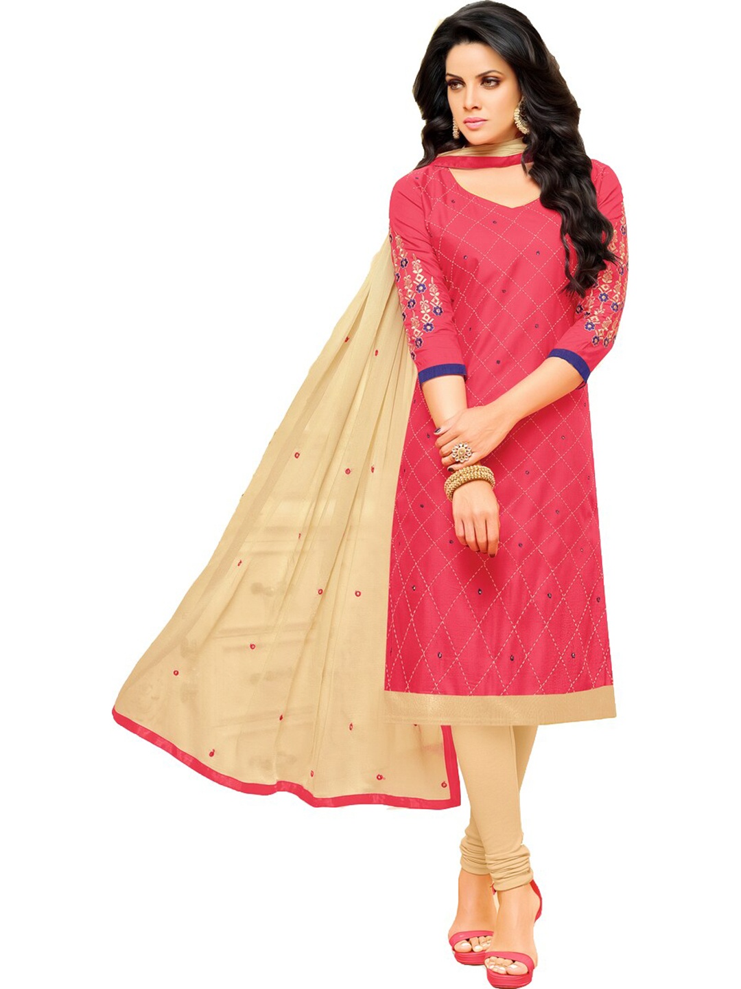 

mf Ethnic Motifs Embroidered Unstitched Dress Material, Pink