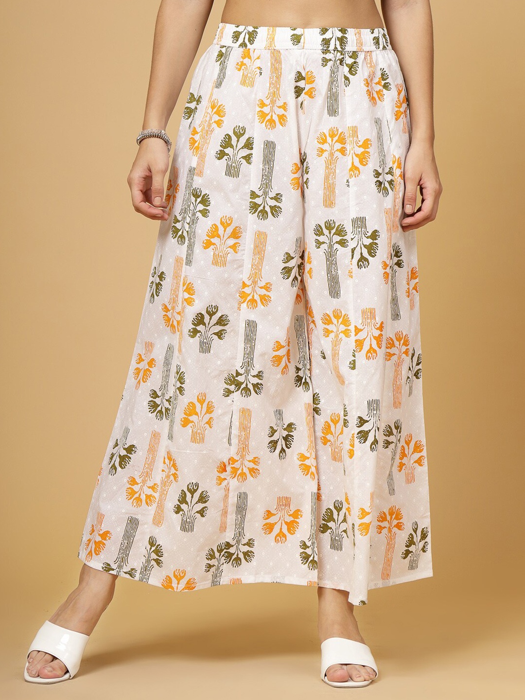 

Pistaa Floral Printed Cotton Flared Palazzos, Green