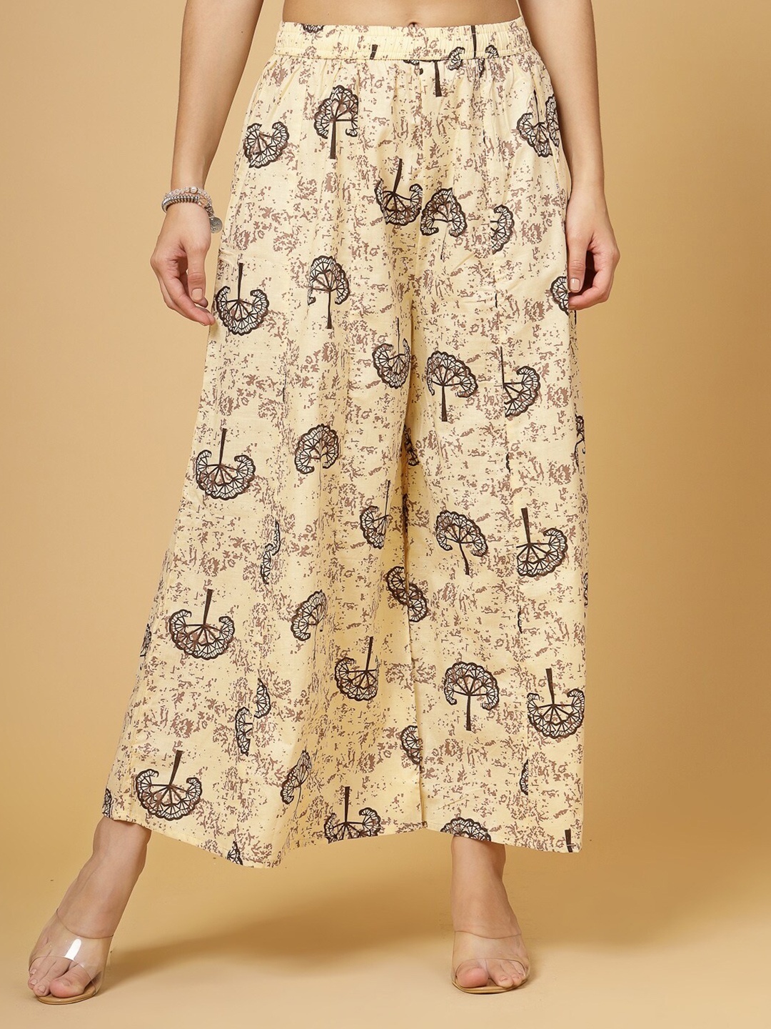 

Pistaa Women Ethnic Motifs Printed Cotton Flared Palazzos, Brown