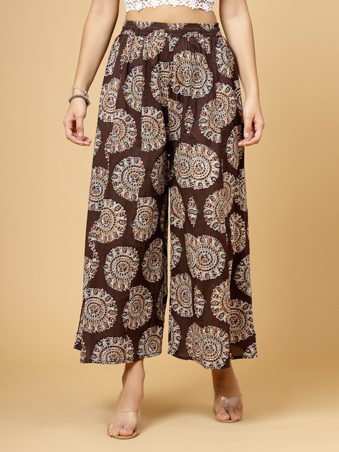 

Pistaa Women Floral Printed Flared Palazzos, Coffee brown